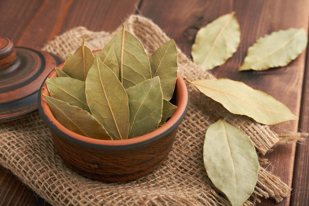 Dray Bay Leaves Small Bowl Brown Wooden Background