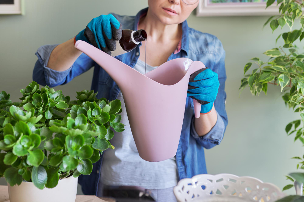 Woman Pours Liquid Mineral Fertilizer Watering Can With Water Cultivation Caring Indoor Potted Plants Hobbies Leisure Home Gardening Houseplant Urban Jungle Apartment