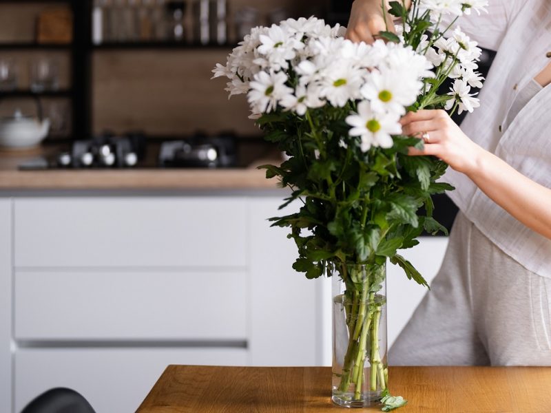 Beautiful Woman Putting Fresh White Flowers Into A Vase