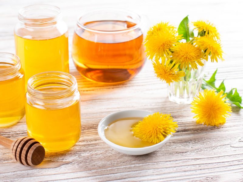 Dandelions Honey Syrup Glass Jar Made Springtime White Wooden Table Homemade Sweet Food