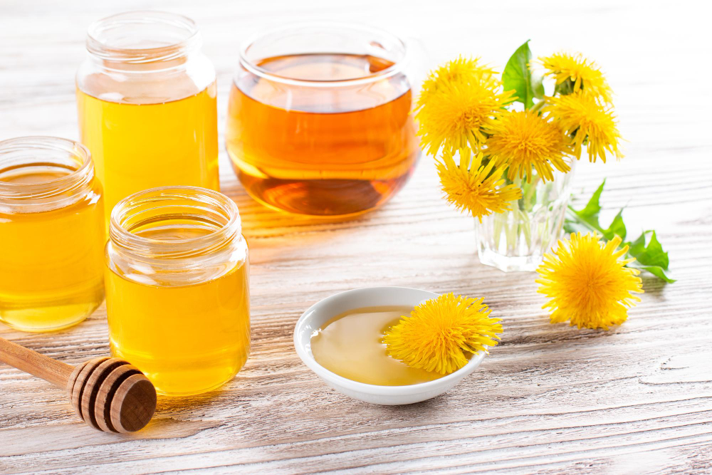 Dandelions Honey Syrup Glass Jar Made Springtime White Wooden Table Homemade Sweet Food