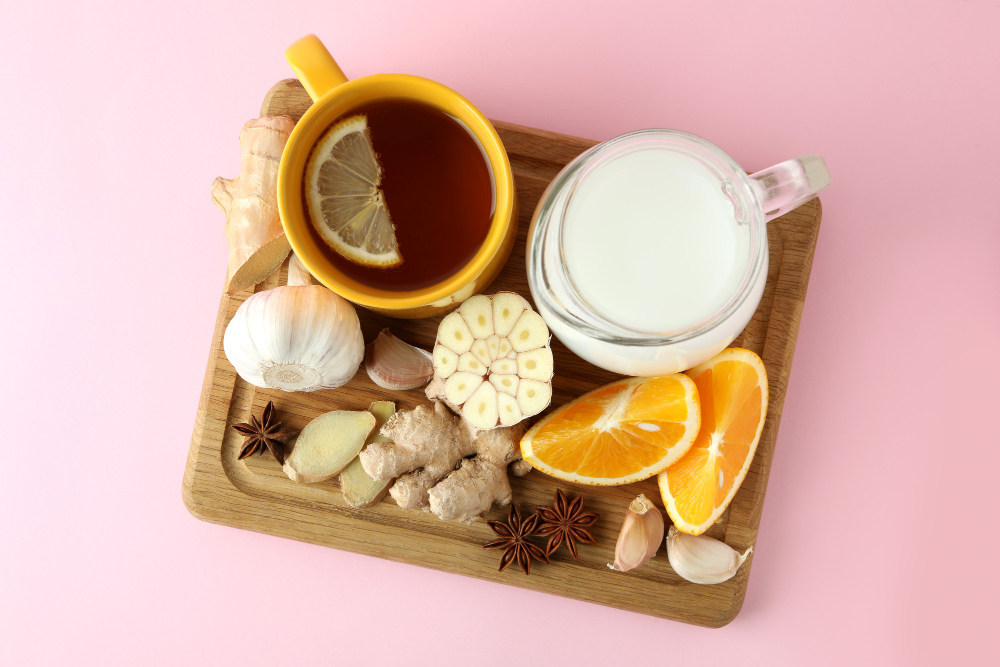 concept-treatment-colds-with-honey-garlic-pink-background