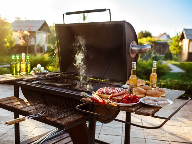 Barbecue Grill Party Tasty Food Wooden Desk