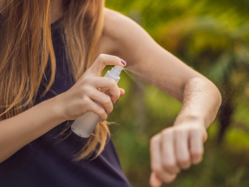Woman Spraying Insect Repellent Skin Outdoor