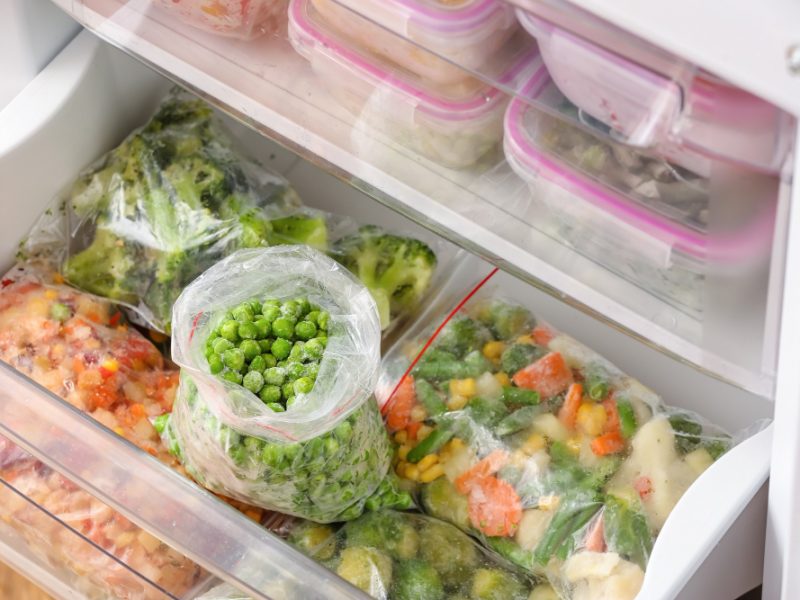 Plastic Bags With Frozen Green Peas Different Vegetables Refrigerator