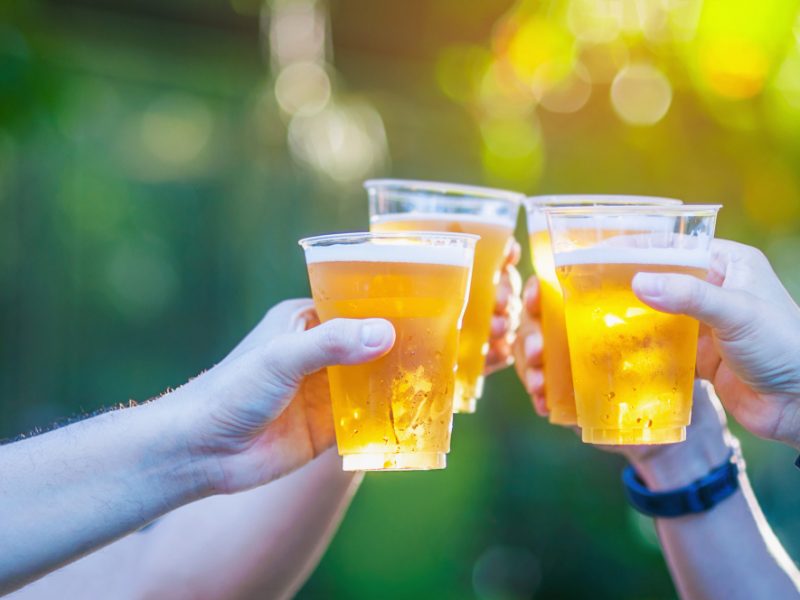 Celebration Beer Cheers Concept Close Up Hands Holding Up Glasses Beer People Group
