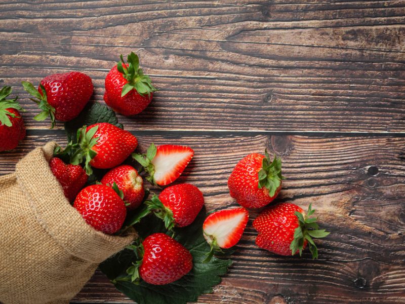 Fresh Strawberries Bowl Wooden Table