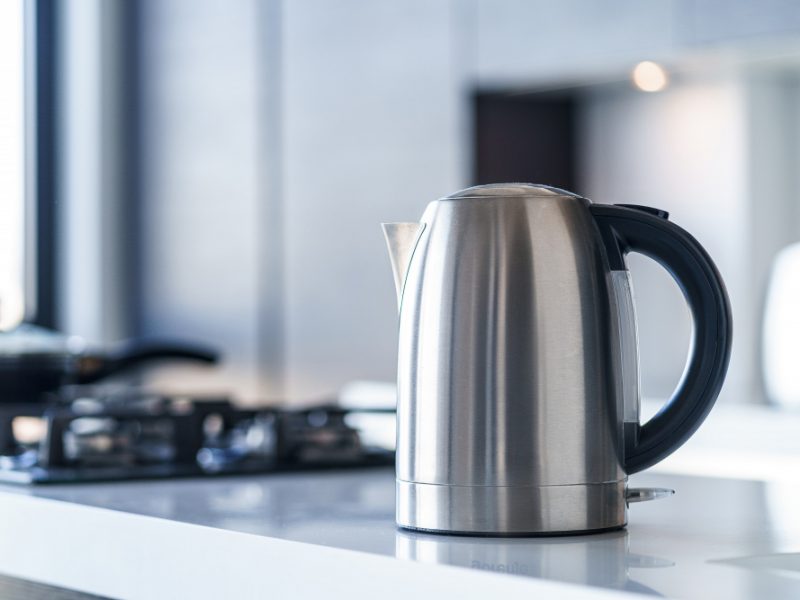 Silver Metal Electric Kettle Boiling Water Making Tea Table Kitchen Interior Household Kitchen Appliances Makes Hot Drinks