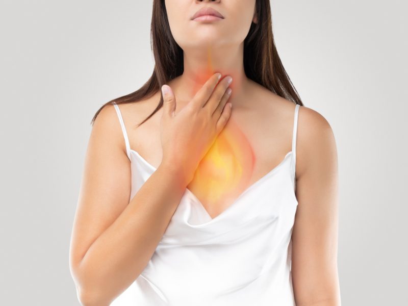 Woman Suffering From Acid Reflux Heartburn Gray