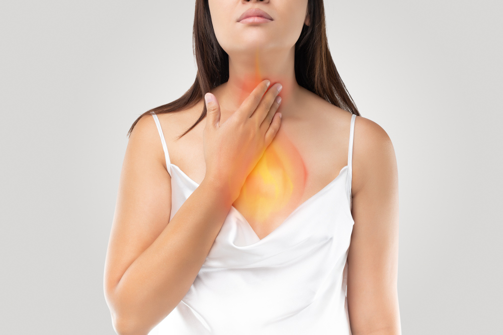 Woman Suffering From Acid Reflux Heartburn Gray