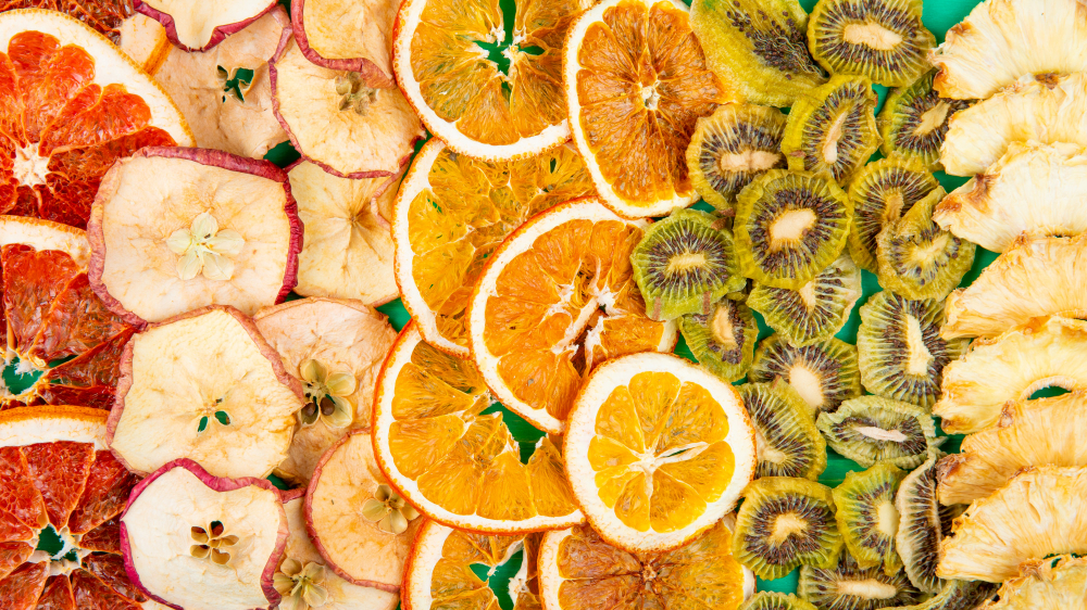 Top View Mix Dried Fruits Citruses Slices Apple Orange Kiwi Pineapple Background Dried Fruits Citruses