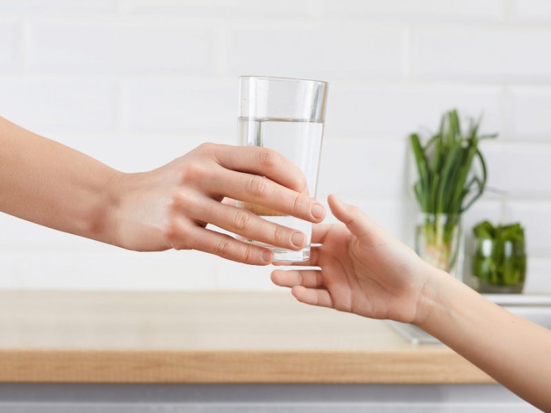 Woman S Hand Gives Glass Purified Water Her Child Concept Purification Water