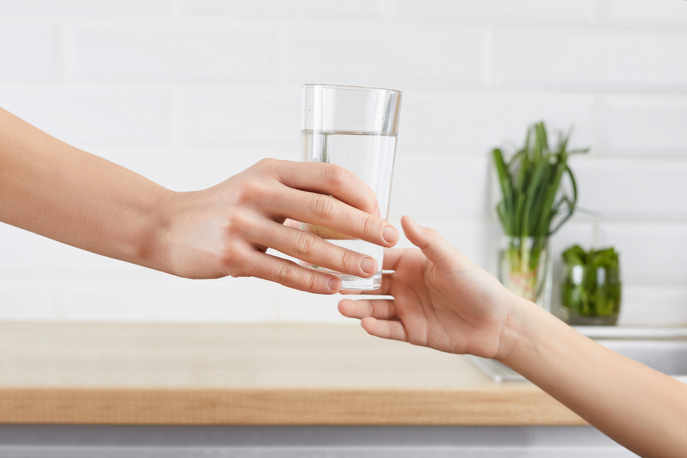 Woman S Hand Gives Glass Purified Water Her Child Concept Purification Water