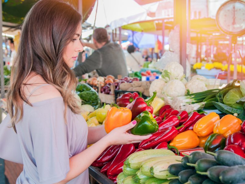 Glad Woman Choosing Green Red Paprika Supermarket Shopping Woman Choosing Bio Food Fruit Pepper Paprica Green Market