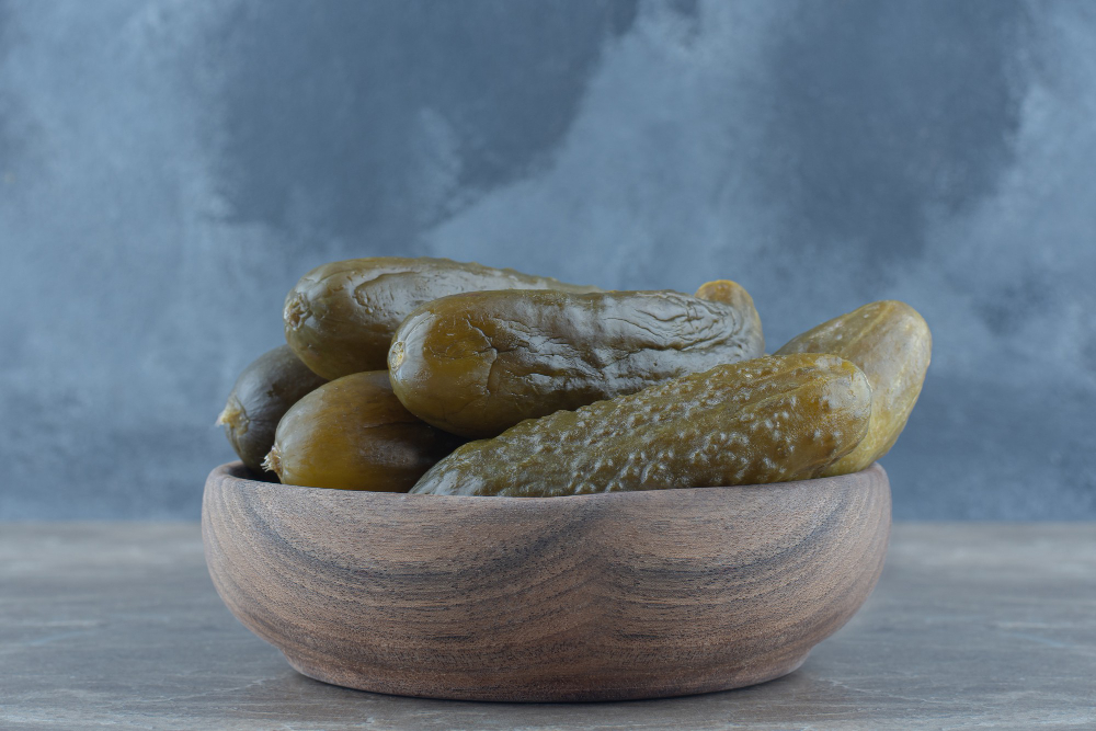 Close Up Homemade Pickle Wooden Bowl