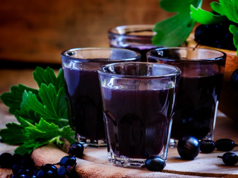 Homemade Liqueur Made From Black Currants Fresh Berries Vintage Wooden Background Selective Focus