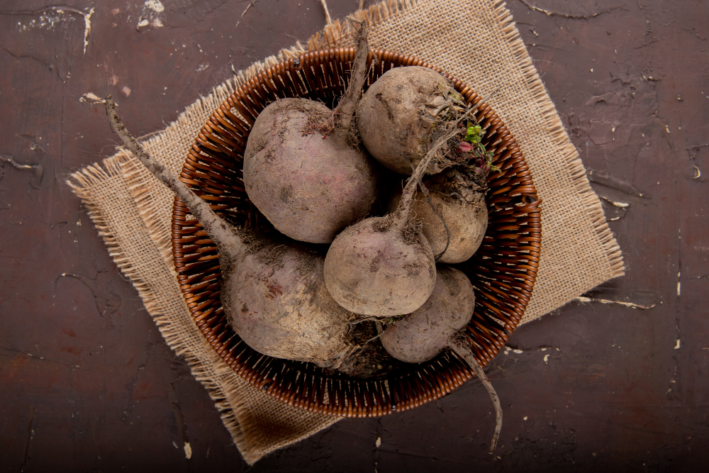 Top View Basket Full Beetroots Sackcloth Surface Maroon Background With Copy Space