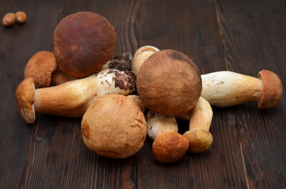 Fresh Mushrooms Raw Unshelled Boletus Wooden Table Autumn Flat Lay