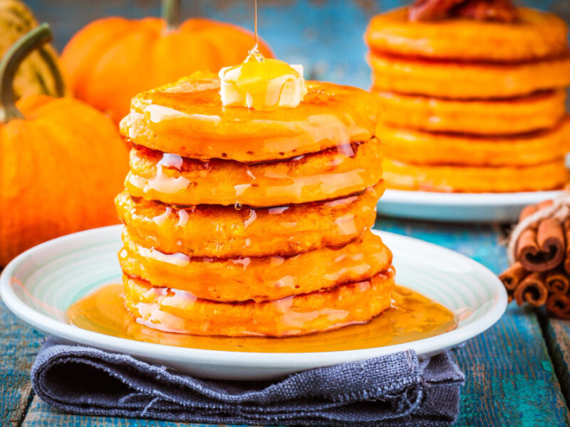 Pumpkin Pancakes With Honey Butter Wooden Table