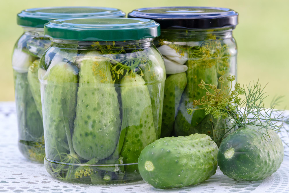 Concept Homemade Preserves Jars Pickled Cucumbers Table Raw Green Ground Cucumbers Dill
