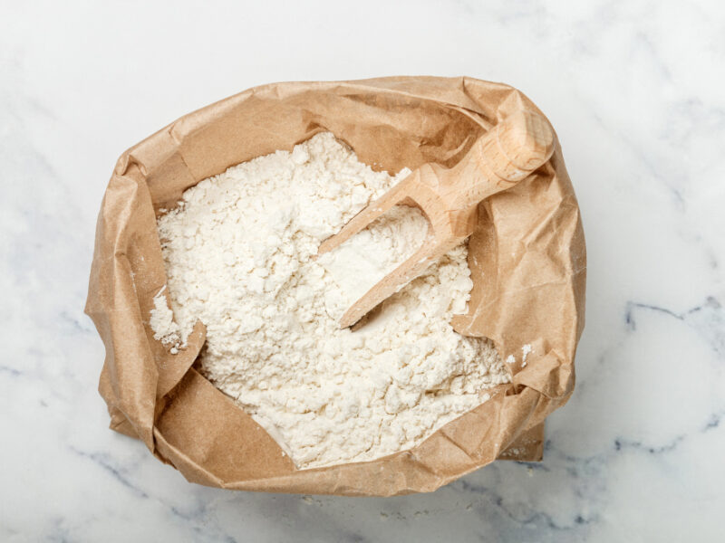 Wheat Flour Wooden Scoop Paper Bag Marble Table Bakery Concept