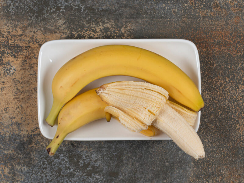 Peeled Unpeeled Bananas White Plate