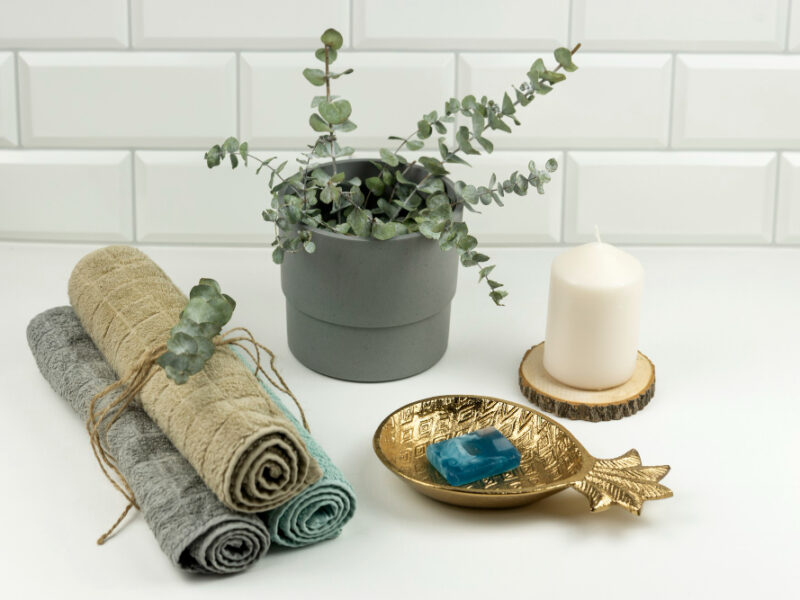 Cotton Towels Neutral Colour With Branch Eucalyptus Them Lie Table Modern Bathroom