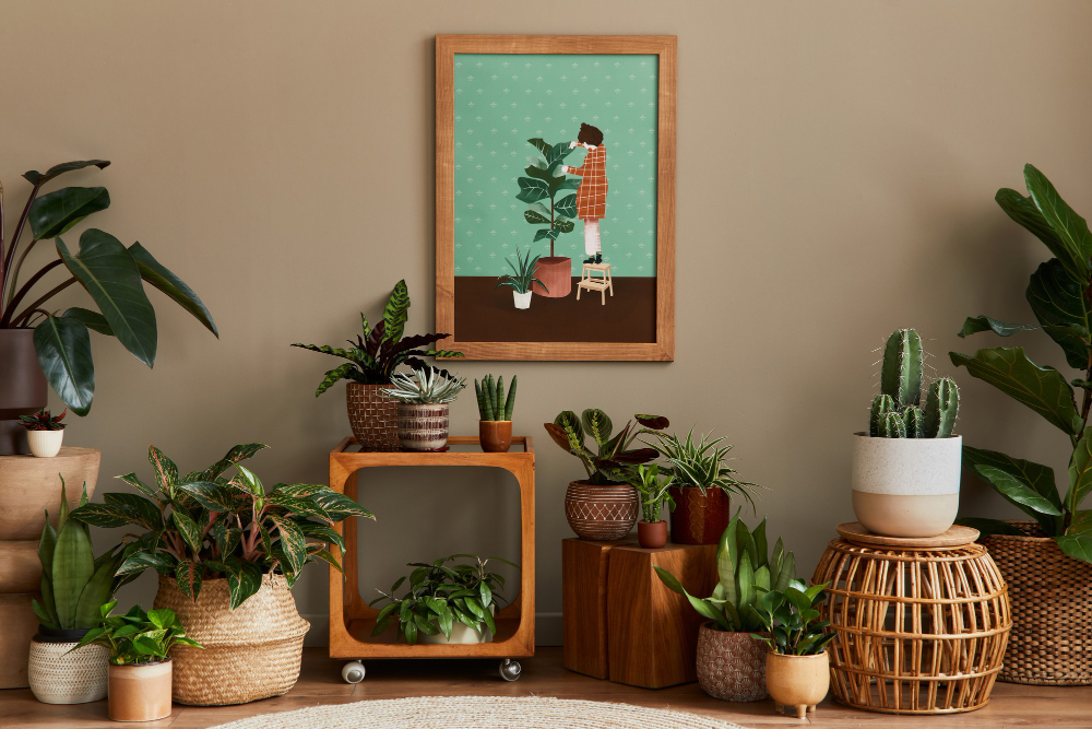 Stylish Botany Composition Home Garden Interior With Wooden Mock Up Poster Frame Filled Lot Beautiful House Plants Cacti Succulents Different Design Pots Floral Accessories