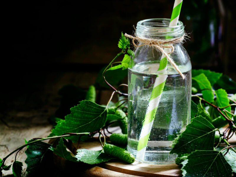 Traditional Russian Refreshing Drink Birch Juice Small Bottle Vintage Dark Wood Background Selective Focus