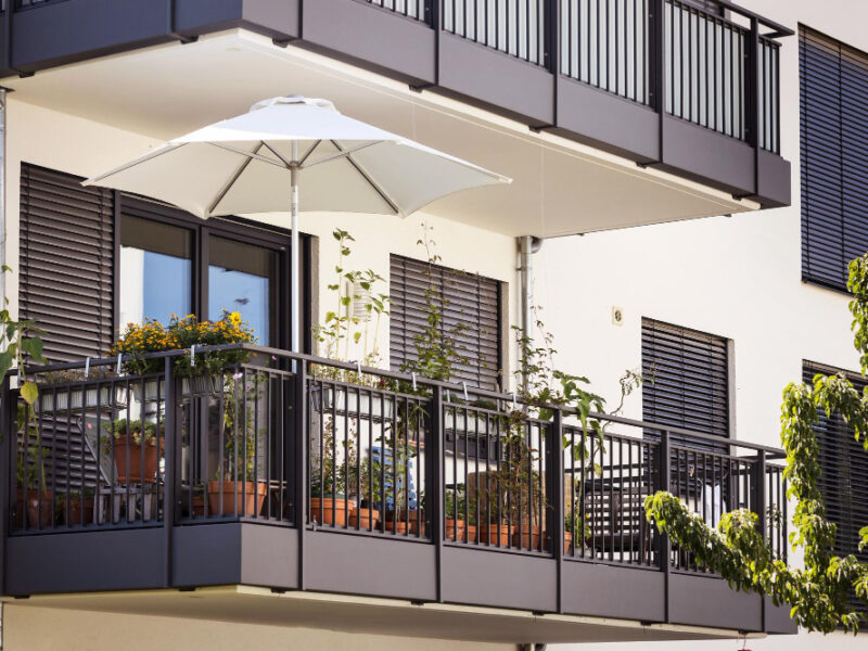 Balcony Europe Modern Apartment Building With Roller Blinds Flower Pots Modern Balcony Garden