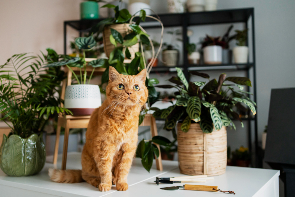 Cat Table With Plants Around
