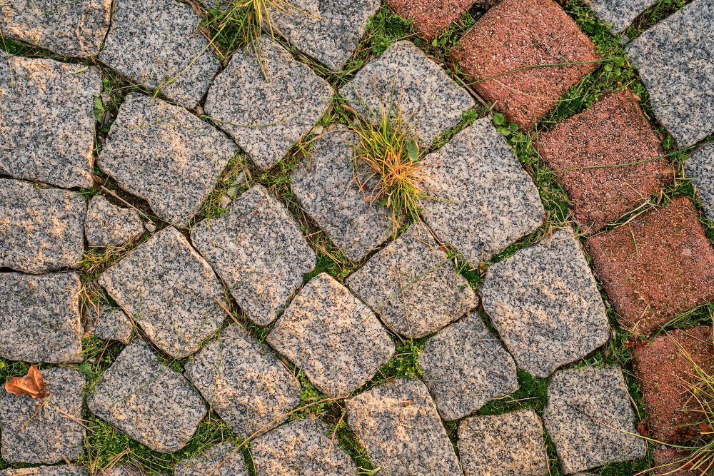 Background Gray Small Paving Stones With Sprouted Grass Stones Top View Path Refreshed By Sun Idea Background Wallpaper