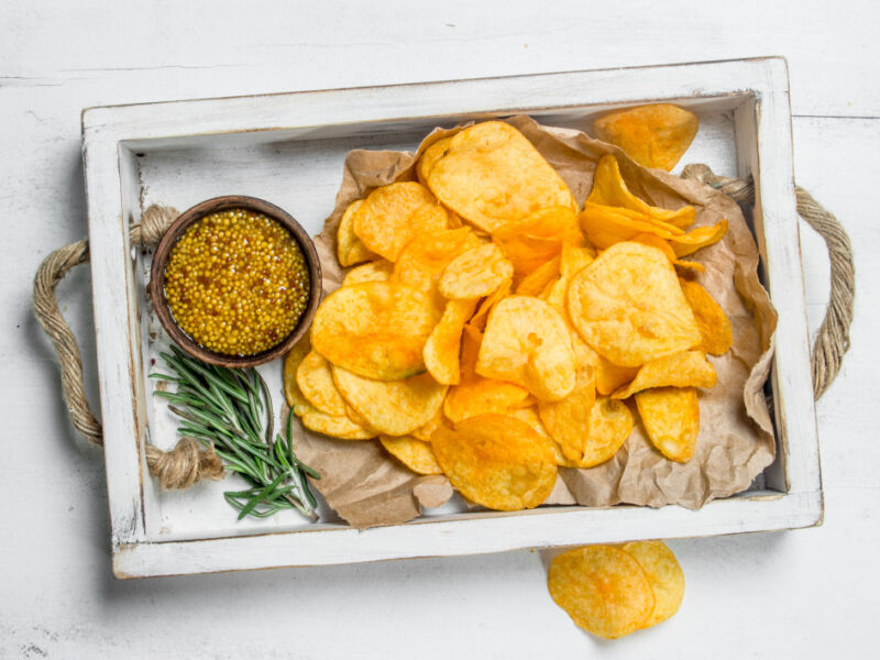 Potato Chips White Box With Mustard Sauce White Rustic Table