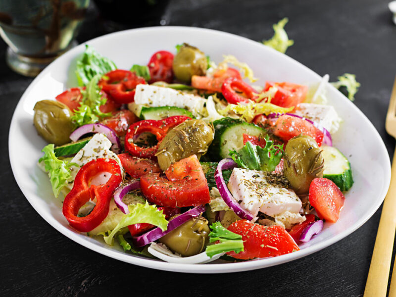 Greek Salad Fresh Tomato Sweet Pepper Cucumber Red Onion Feta Cheese Green Olives Healthy Vegetarian Food