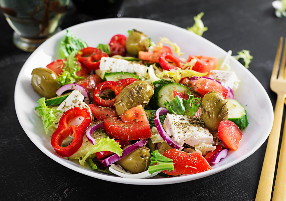Greek Salad Fresh Tomato Sweet Pepper Cucumber Red Onion Feta Cheese Green Olives Healthy Vegetarian Food
