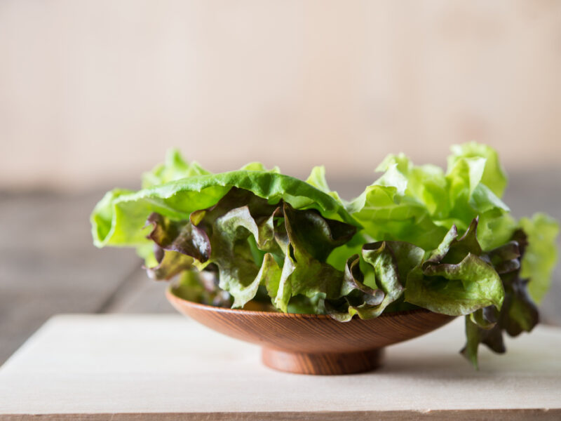 Fresh Green Lettuce Salad Wooden Dish