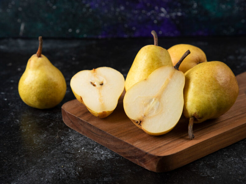 Wooden Board Delicious Yellow Pears Black Surface