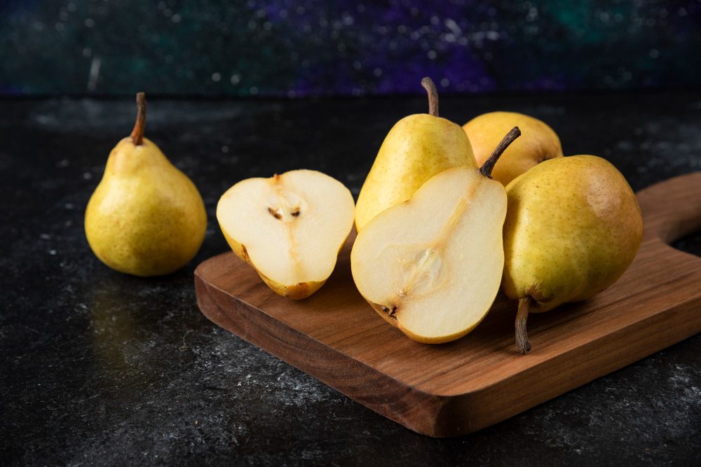 Wooden Board Delicious Yellow Pears Black Surface