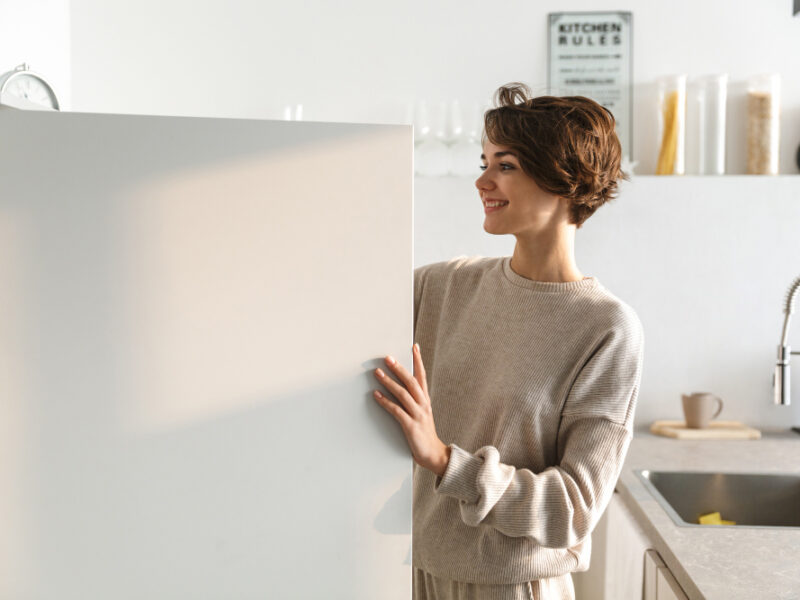 Happy Young Woman Standing Opened Fridge