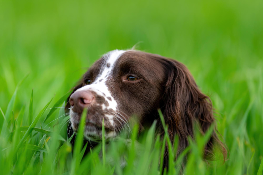 Portrait English Springer Spaniel Field Covered Greenery With Blurry Background