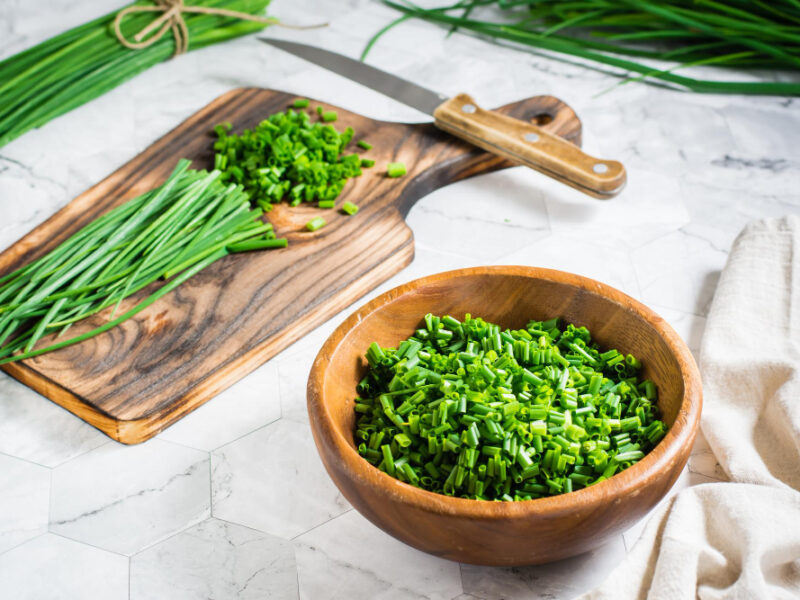 Fresh Chopped Green Onions Wooden Bowl Cutting Board Table Vitamin Herbal Diet