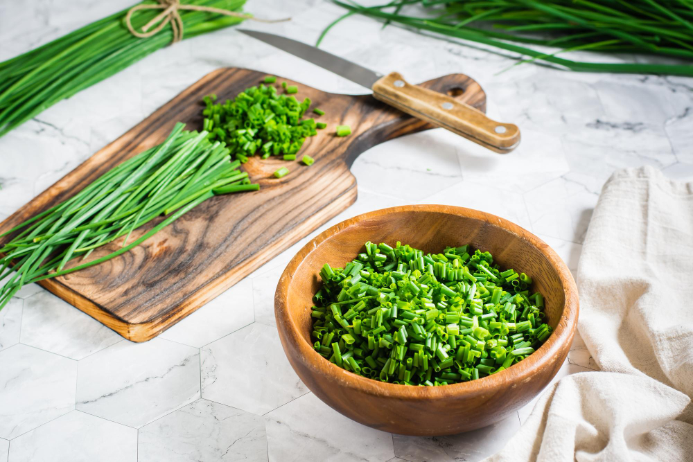 Fresh Chopped Green Onions Wooden Bowl Cutting Board Table Vitamin Herbal Diet