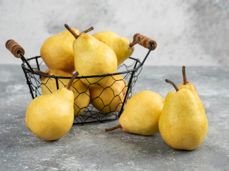 Bunch Fresh Yellow Pears Metal Bucket Marble Surface