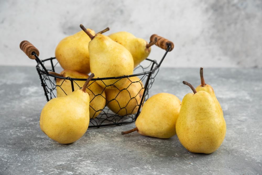 Bunch Fresh Yellow Pears Metal Bucket Marble Surface