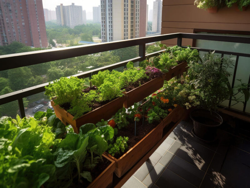 Vegetable Herb Garden Balcony With Plants Growing Up Sides Generative Ai