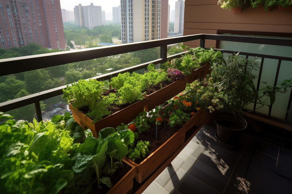 Vegetable Herb Garden Balcony With Plants Growing Up Sides Generative Ai