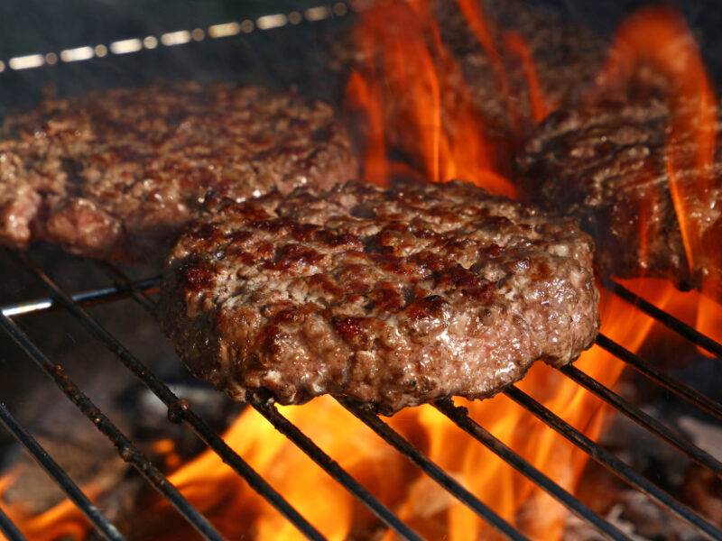 Close Up Beef Pork Meat Barbecue Burgers Hamburger Prepared Grilled Bbq Fire Flame Grill High Angle View