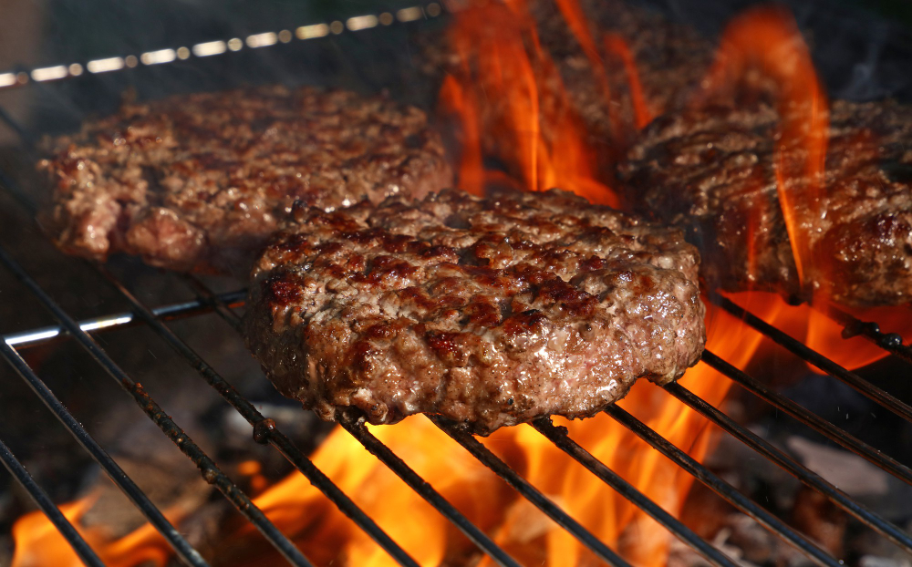 Close Up Beef Pork Meat Barbecue Burgers Hamburger Prepared Grilled Bbq Fire Flame Grill High Angle View