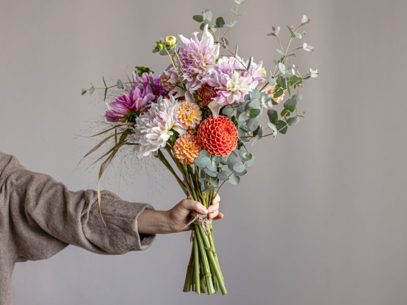 Woman Holds Her Hand Festive Flower Arrangement With Bright Chrysanthemum Flowers Festive Bouquet