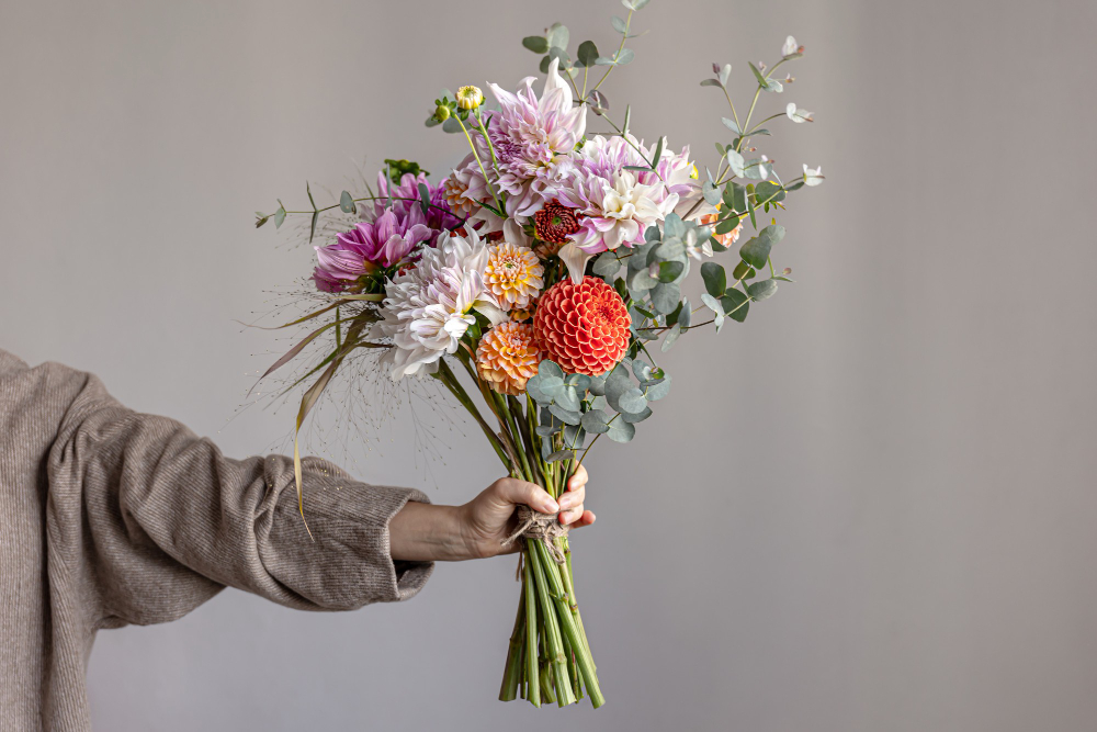 Woman Holds Her Hand Festive Flower Arrangement With Bright Chrysanthemum Flowers Festive Bouquet